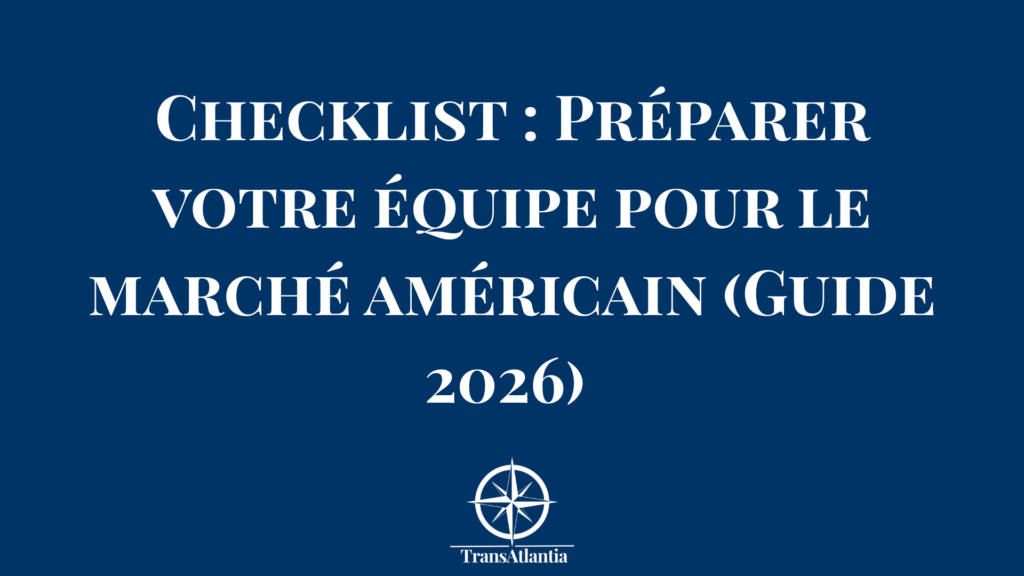 Équipe business française préparant stratégie expansion marché américain avec checklist et documents de formation