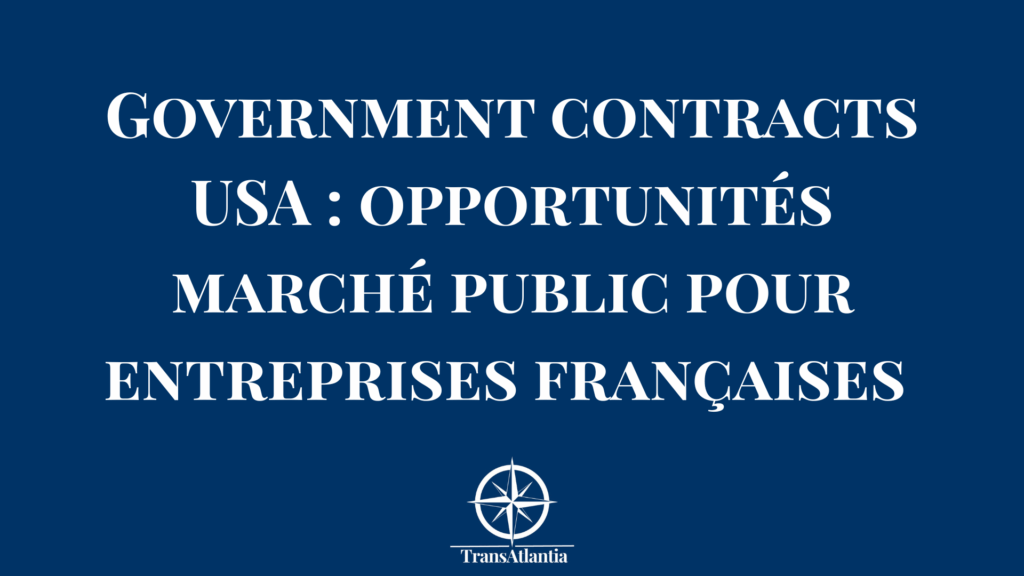 Entrepreneur français analysant les opportunités de government contracts américains sur ordinateur avec drapeau US en arrière-plan