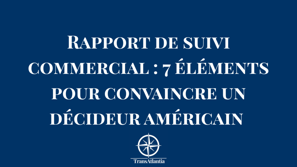 Christina Rebuffet analysant un rapport de suivi commercial sur un écran avec un drapeau américain en arrière-plan flou.